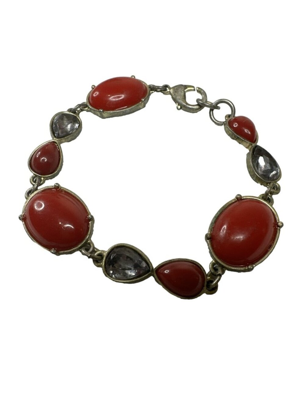 Tennis Bracelet Enamel Red Rhinestone Faceted Costume Jewelry 7" Long Dainty